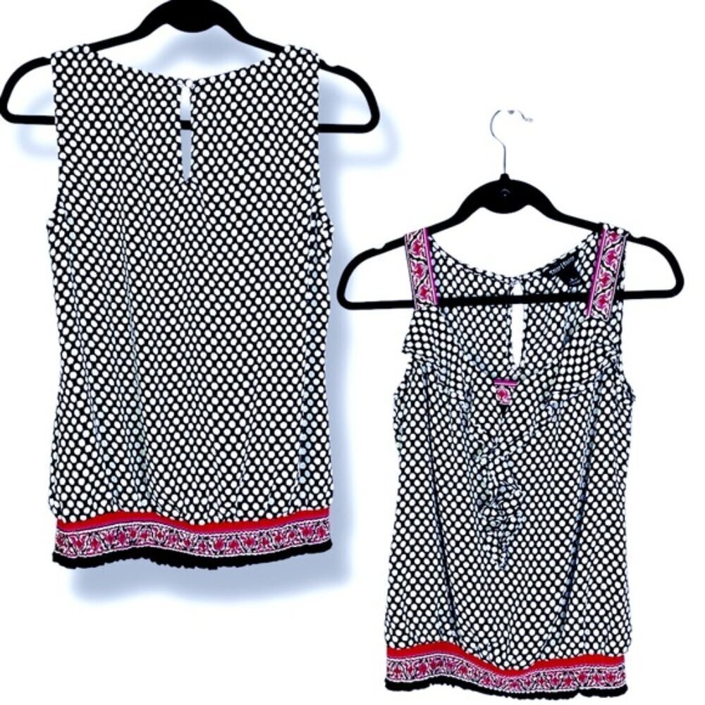 White House Black Market Polka Dot Ruffle Smocked Blousy Tank Top Black White SM - Picture 10 of 16